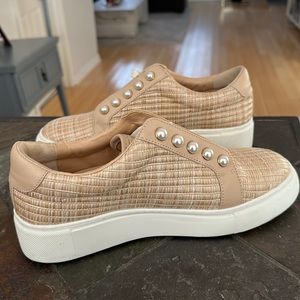 Alex Marie WrennaTwo Pearl Embellished Raffia Platform Sneakers